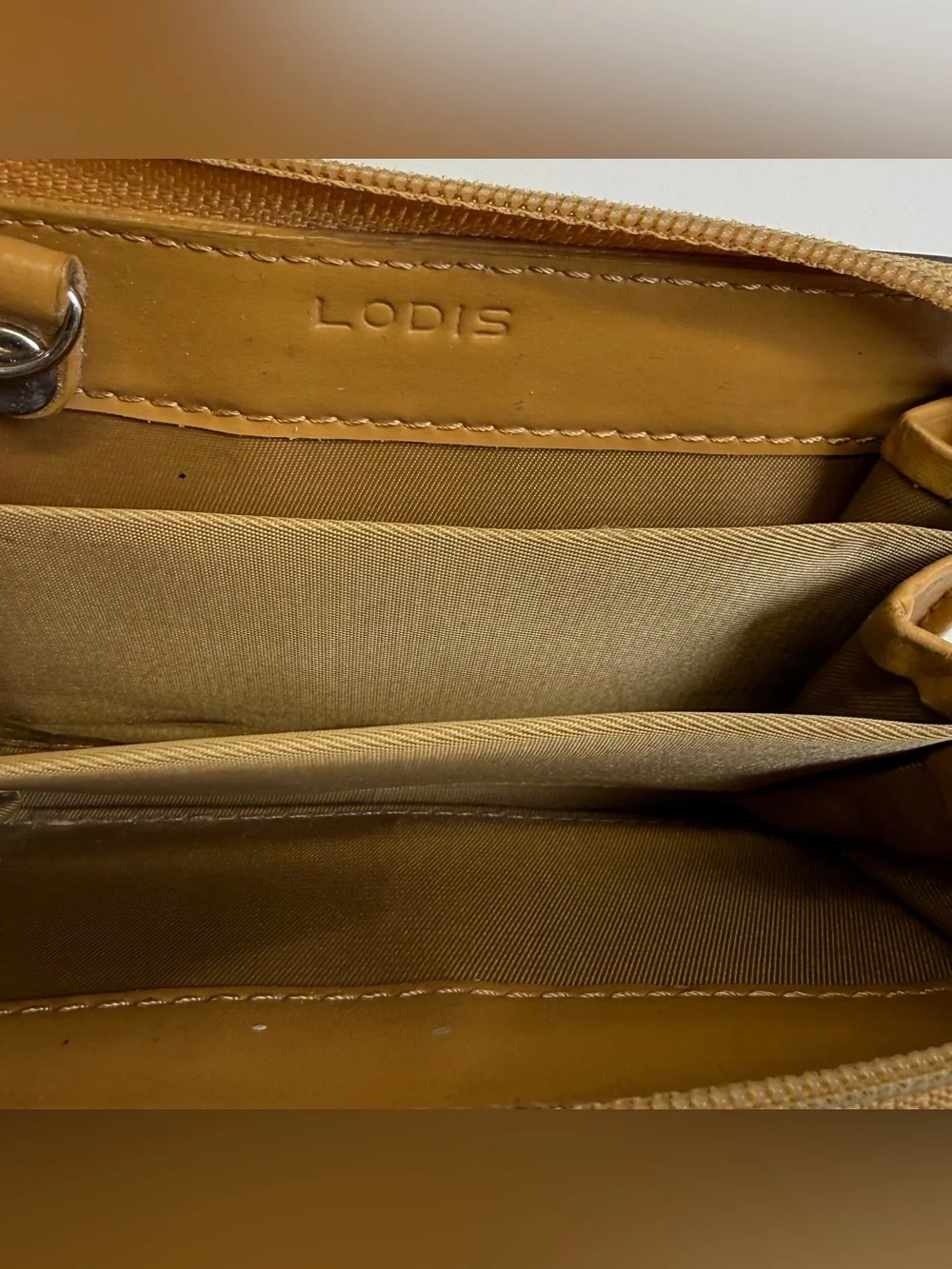 Lodis Cream Tan Teal Leather Mini Wallet Credit Card Holder Key Ring Zip Around
